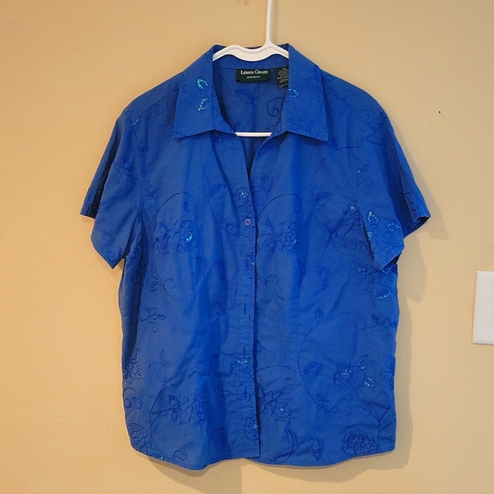 Blue button down blouse,  size XL